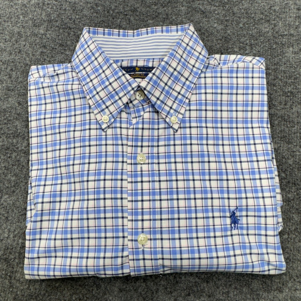 Polo Ralph Lauren Shirt Mens Large Blue Plaid Performance Stretch Classic Pony
